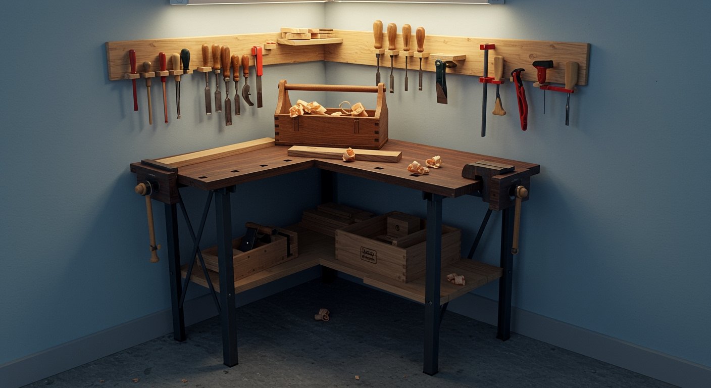 A compact and organized woodworking corner in a small garage, featuring a collapsible workbench and a few essential tools neatly stored on shelves.