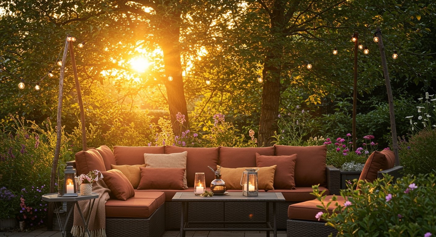 A cozy outdoor seating area with plush cushions, throw pillows, and string lights, surrounded by lush greenery, sunlight filtering through trees, photorealistic.