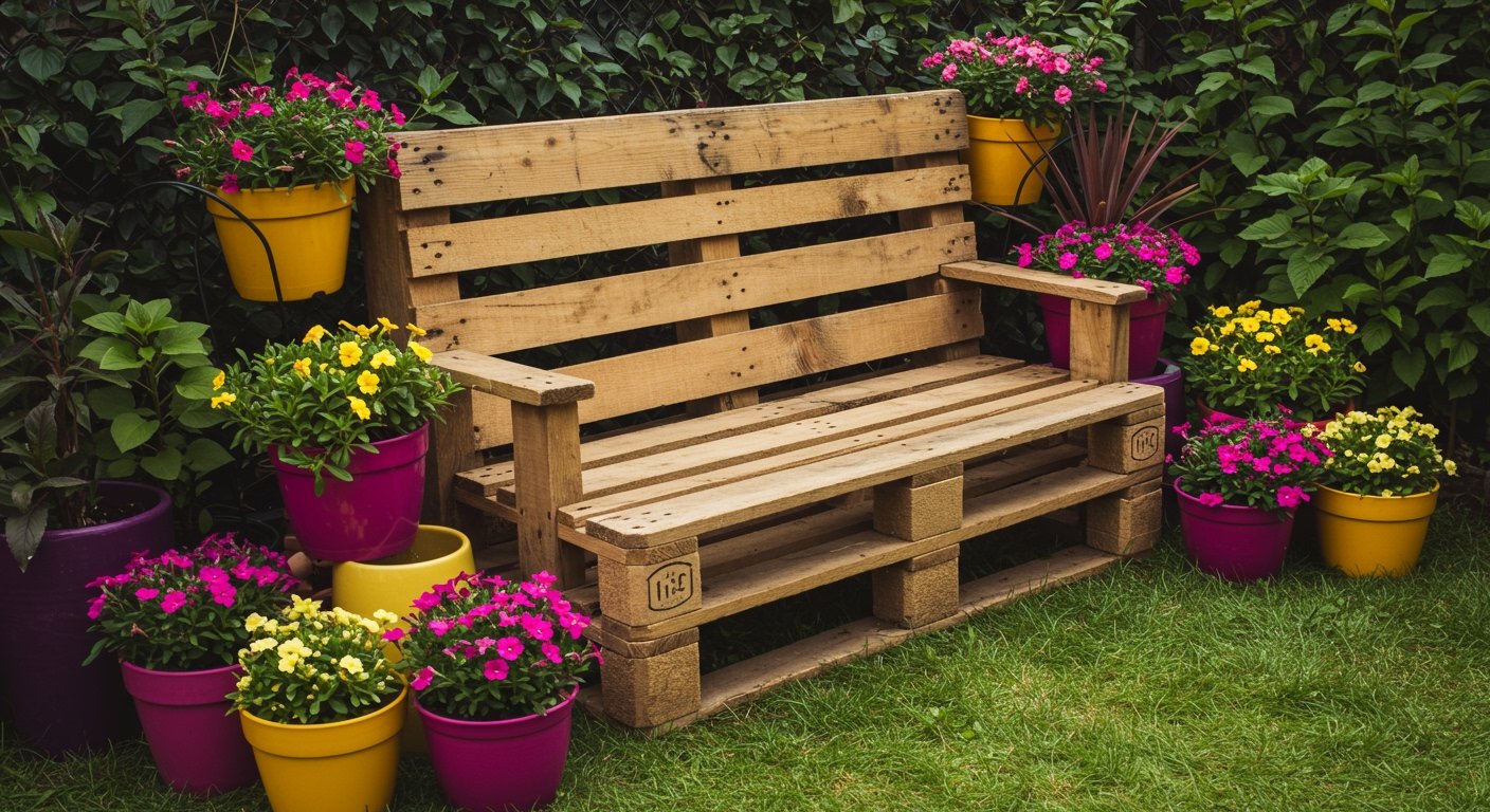 A creative backyard oasis featuring upcycled wooden pallets transformed into a garden bench, surrounded by colorful potted plants, showcasing a budget-friendly DIY approach, photorealistic.