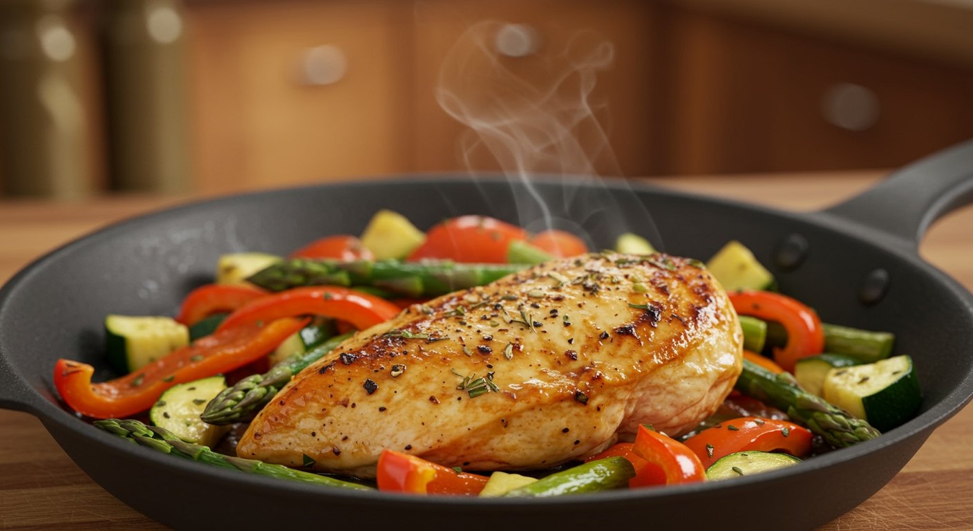 A delicious-looking pan-seared chicken with vibrant vegetables, illustrating a quick chicken dinner for easy weeknight dinners under 30 minutes.