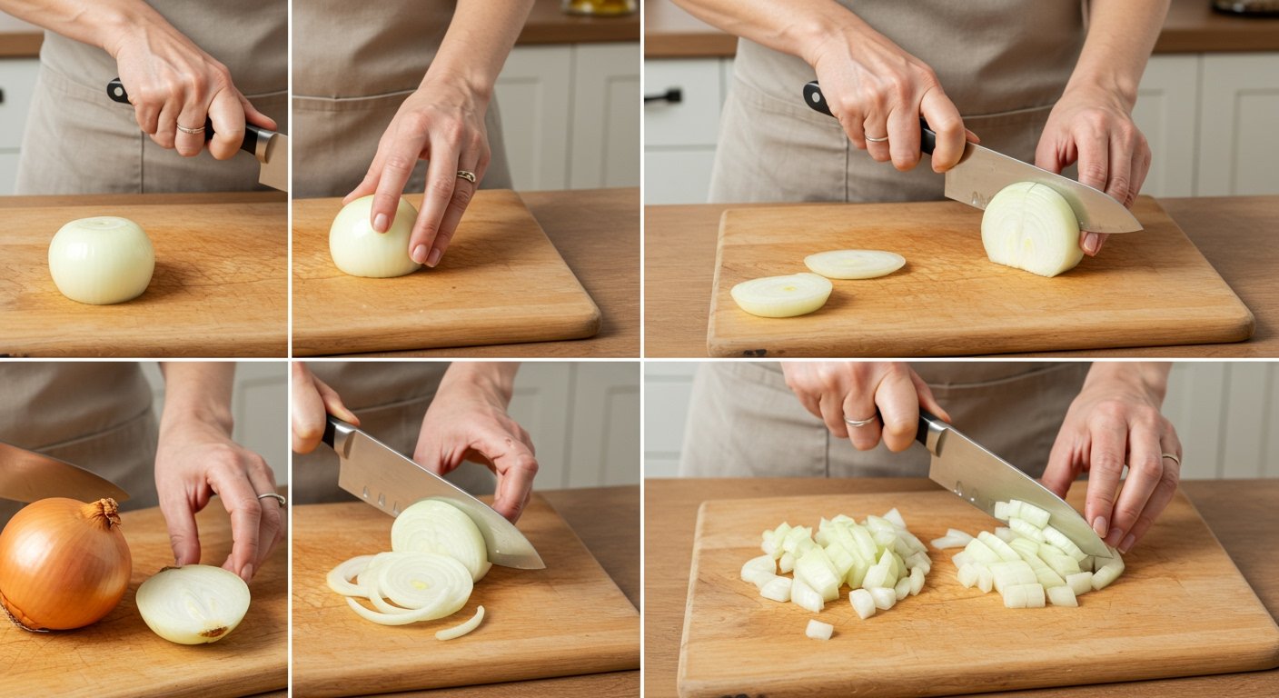 A detailed step-by-step image of a home cook dicing an onion with precision, demonstrating basic knife skills for home cooks.