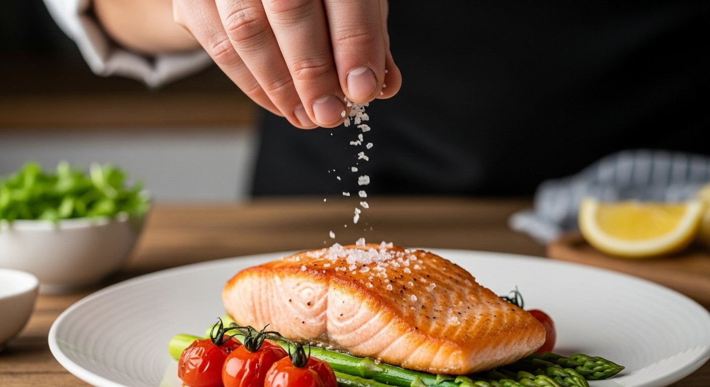 A dish being sprinkled with flaky sea salt, highlighting the use of Finishing Salts as a technique to Elevate Everyday Cooking.