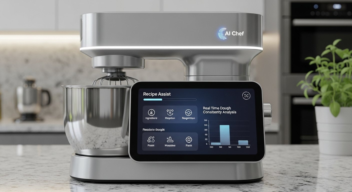 A futuristic, sleek stand mixer with a digital display showing smart technology features and AI-driven recipe assistance, representing emerging trends in the best stand mixers for home bakers. Photorealistic.