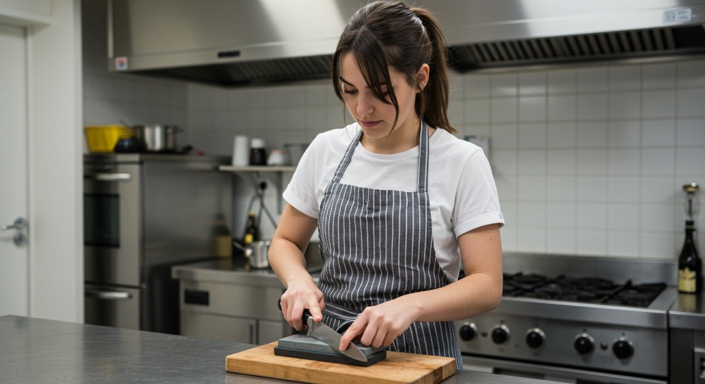 A home cook carefully using a sharpening stone to sharpen a chef's knife, demonstrating an important aspect of basic knife skills for home cooks.