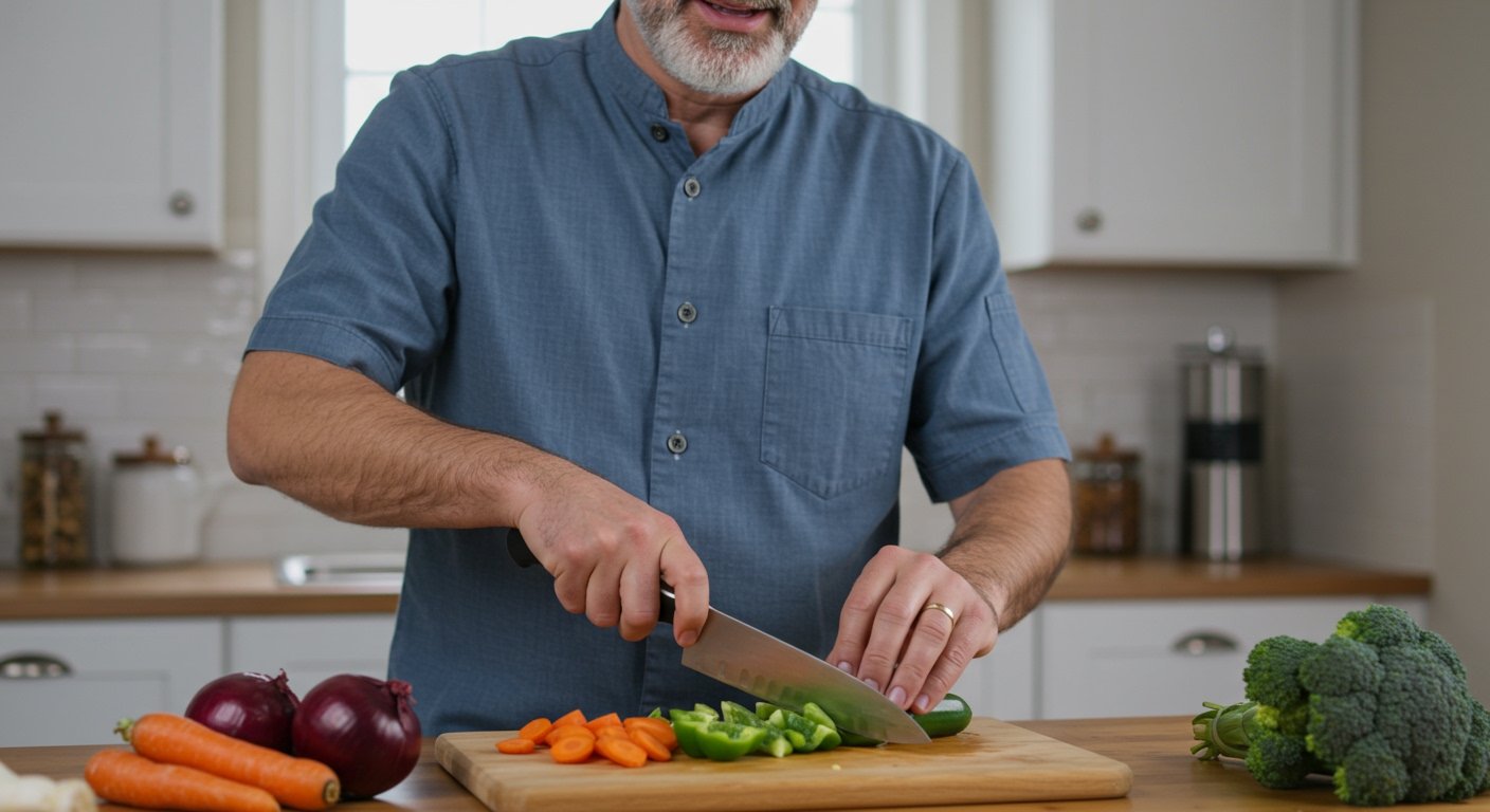 A home cook confidently holding a chef's knife over a cutting board with various vegetables, demonstrating excellent basic knife skills for home cooks.