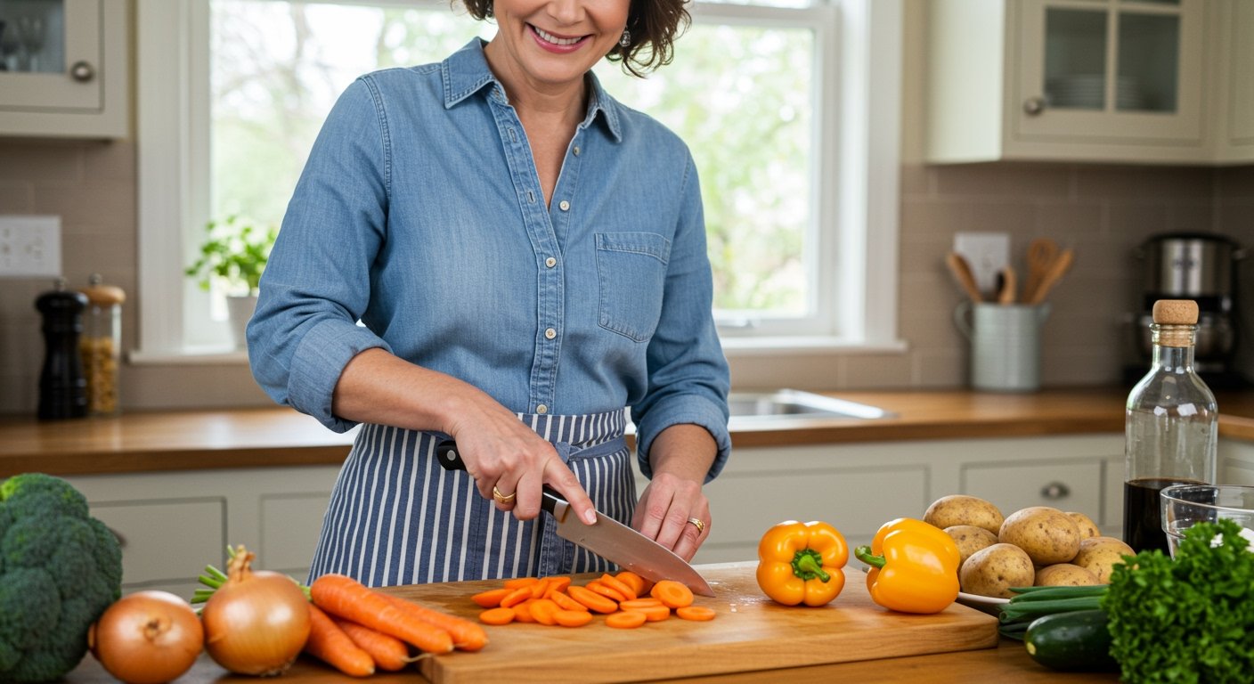 A home cook demonstrating the 'claw grip' while chopping vegetables, emphasizing safe basic knife skills for home cooks.