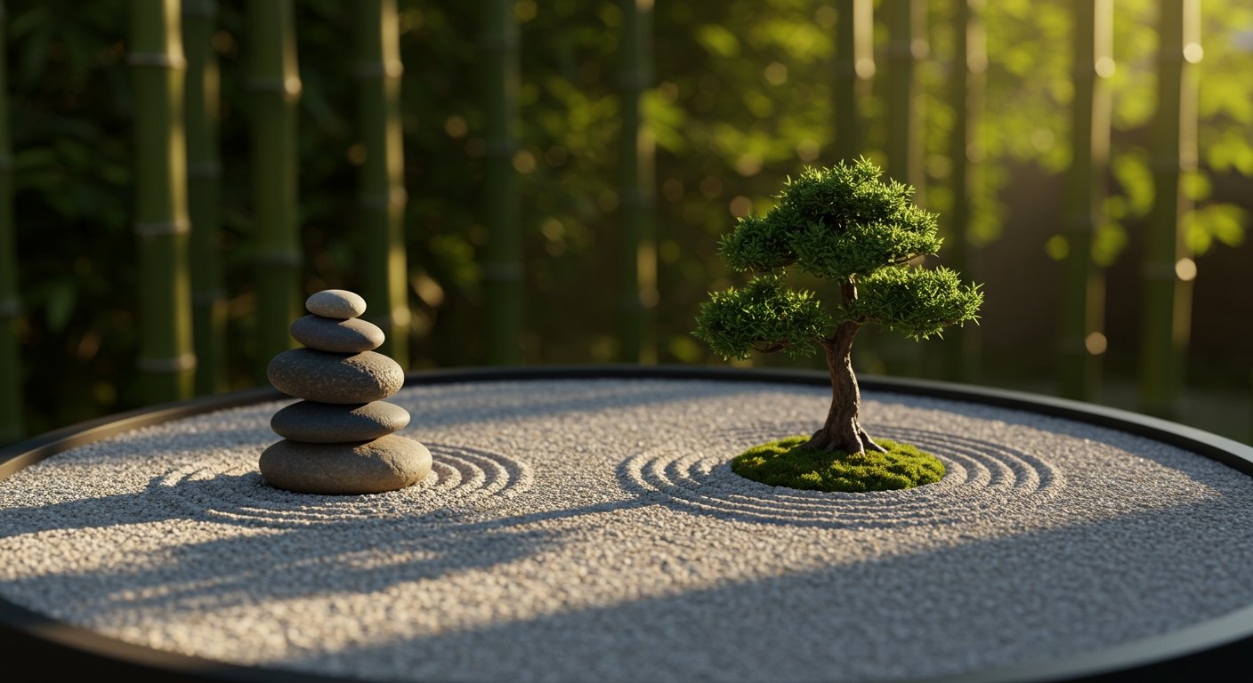 A meticulously raked miniature Zen garden with smooth river stones and a small, perfectly placed bonsai tree, evoking peace and mindfulness in a tranquil garden decor, photorealistic.