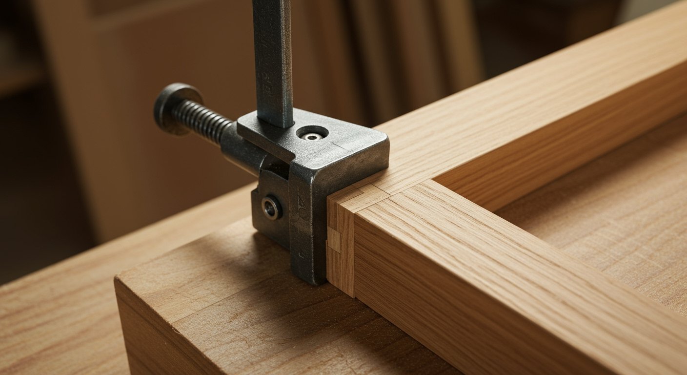 A miter clamp, among the best woodworking clamps, precisely holds a picture frame corner at a 45-degree angle for flawless joinery.