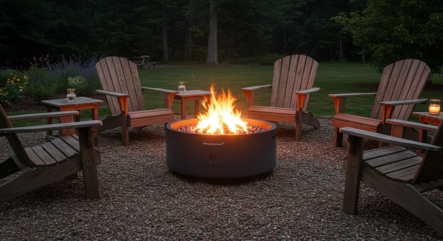 A modern, circular fire pit with glowing flames, surrounded by comfortable Adirondack chairs on a gravel patio, casting warm light on a cool evening, photorealistic.