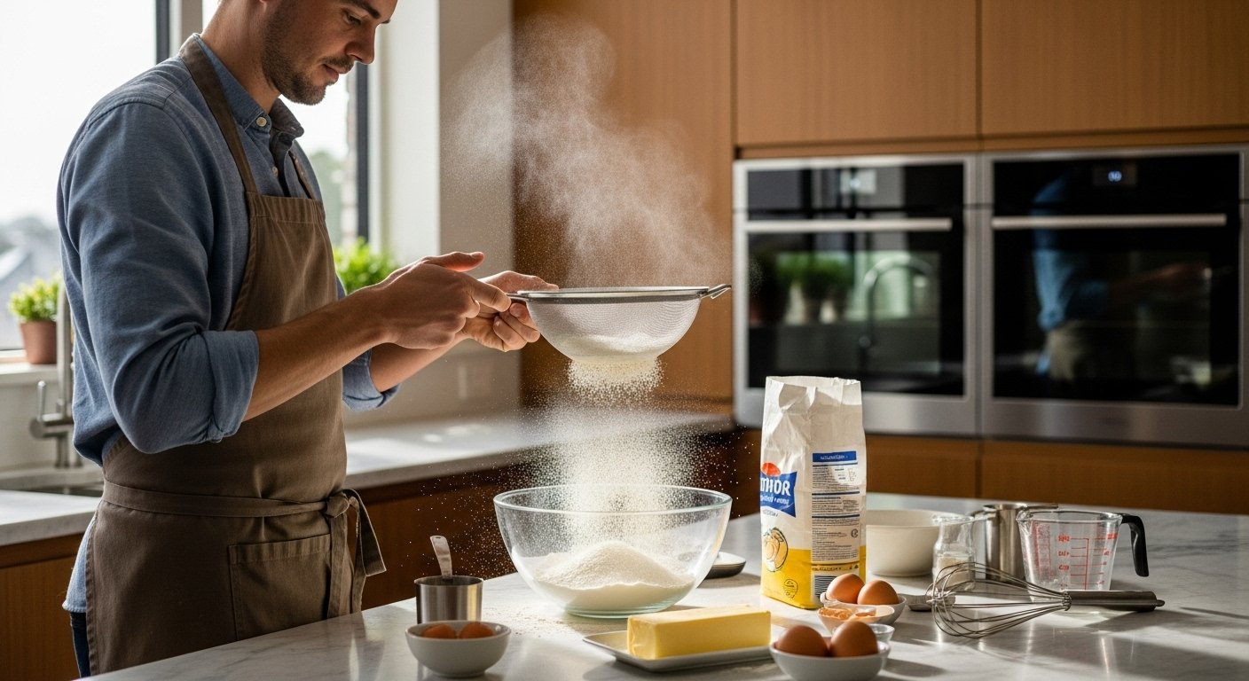 A modern kitchen setting with a baker using a fine-mesh sieve to sift flour for a cake, showcasing the practical application of 'Why sift flour'.