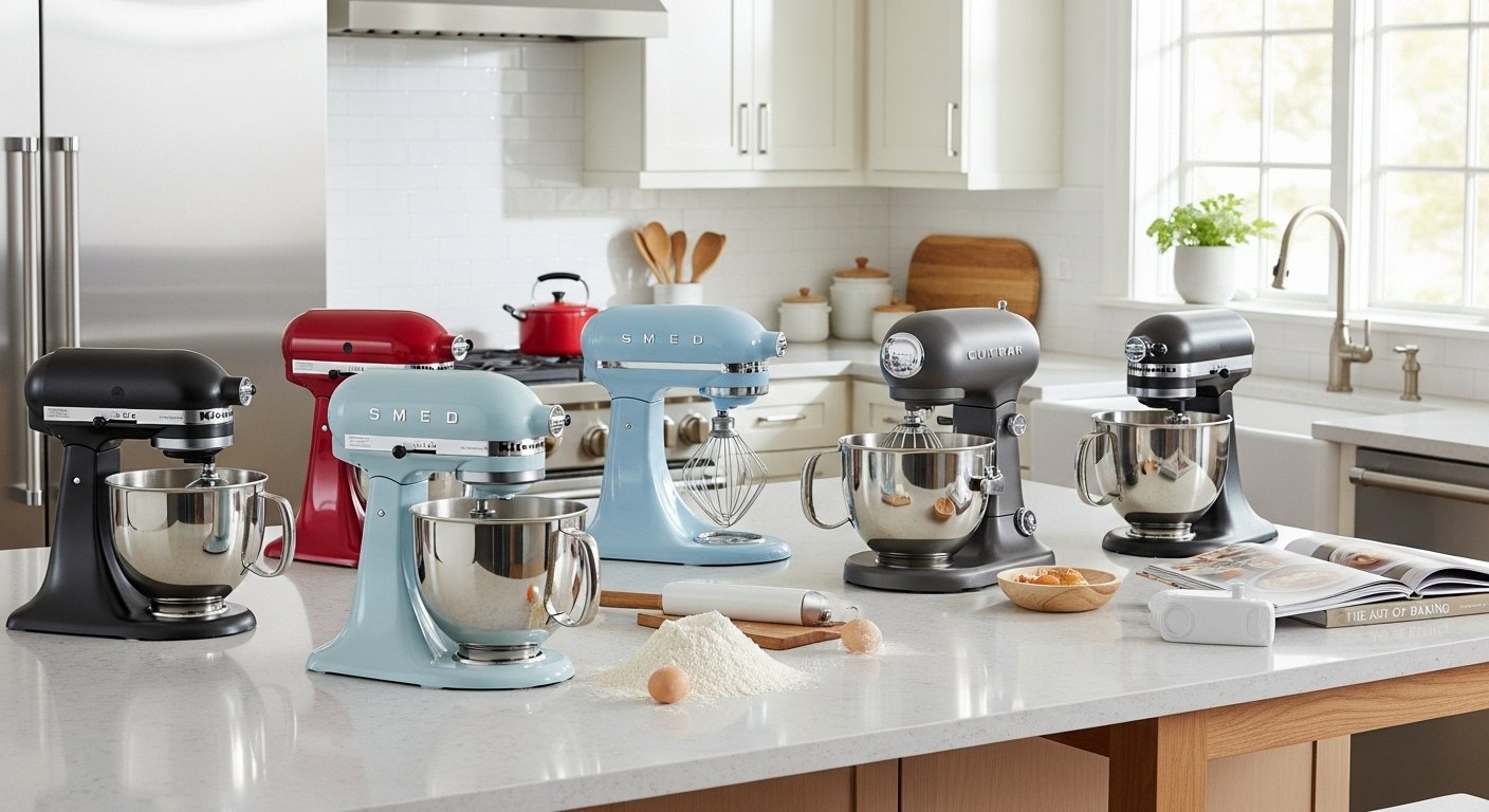 A modern kitchen with a selection of the best stand mixers for home bakers displayed, showcasing various colors and designs, ready for baking tasks. Photorealistic.