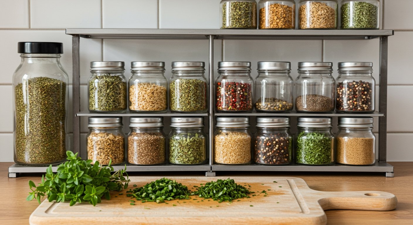 A neatly organized spice rack with various dried herbs and a small cutting board with freshly chopped herbs, illustrating the versatility of Fresh vs dried herbs in a home kitchen.