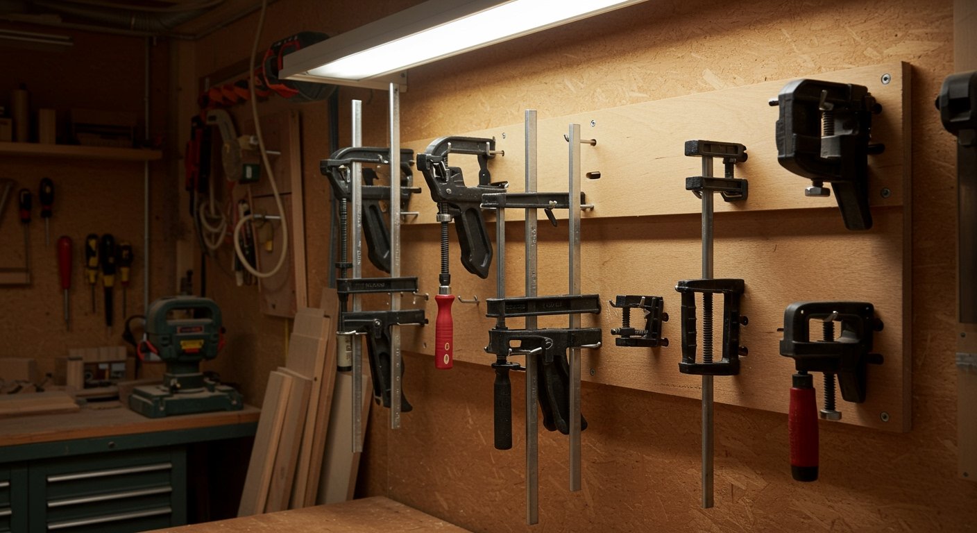 A neatly organized woodworking clamp storage solution in a workshop, showcasing various best woodworking clamps hanging on a wall rack, demonstrating efficient space utilization.