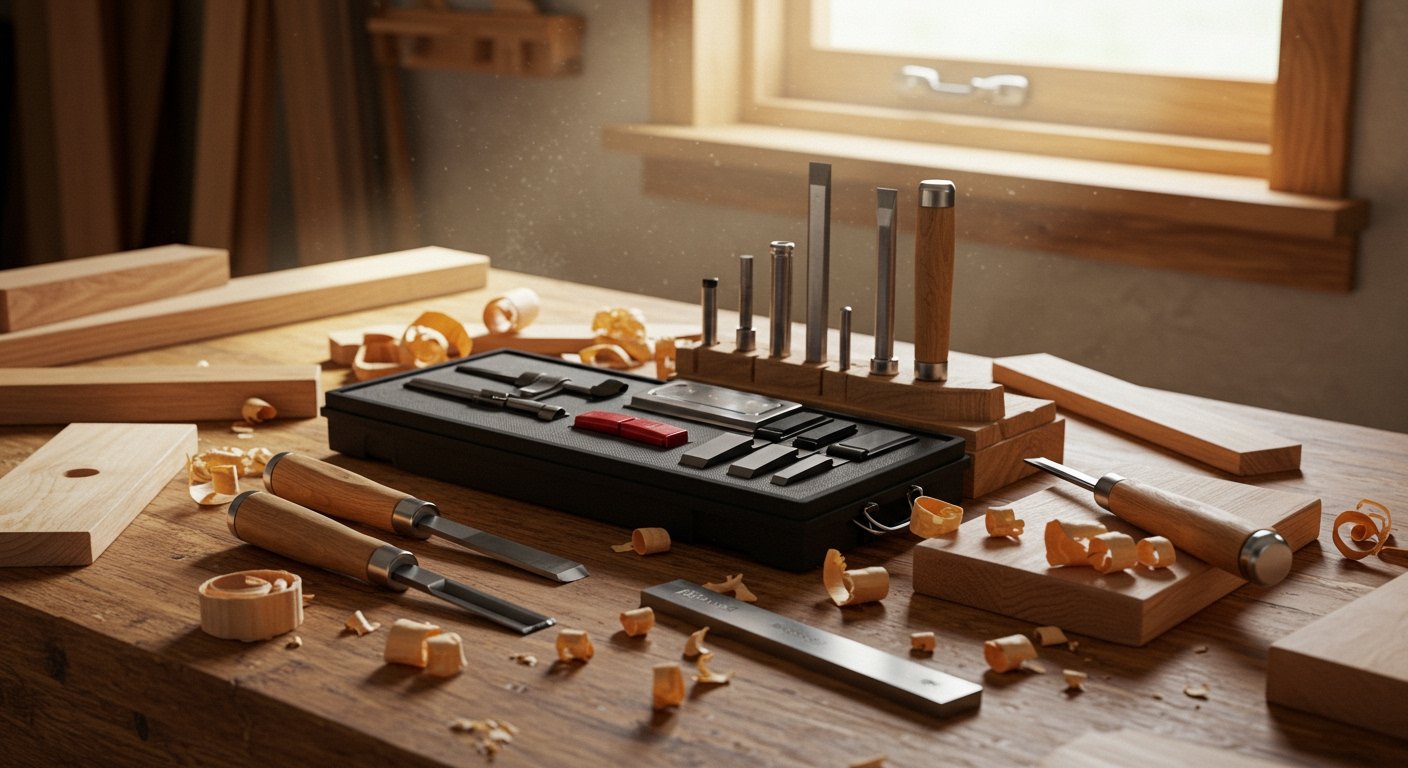 A neatly organized workbench showcasing a beginner woodworking tool kit with the 10 essential woodworking hand tools for beginners, illuminated by natural light, suggesting readiness for creative work.