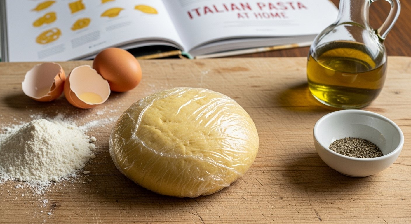 A perfectly kneaded, smooth pasta dough ball wrapped in plastic wrap, resting on a wooden board, with a focus on how to make Italian pasta at home.