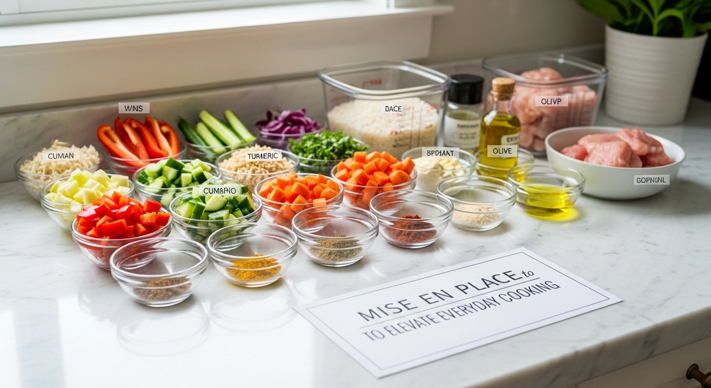 A perfectly organized kitchen counter with various chopped vegetables, spices in small bowls, and pre-measured ingredients, demonstrating Mise en Place to Elevate Everyday Cooking.