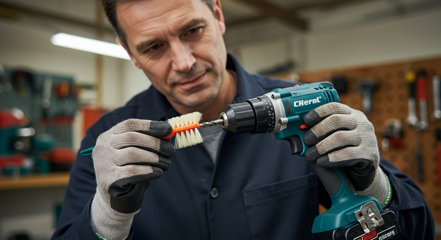 A person carefully cleaning a power drill, focusing on power tool maintenance.
