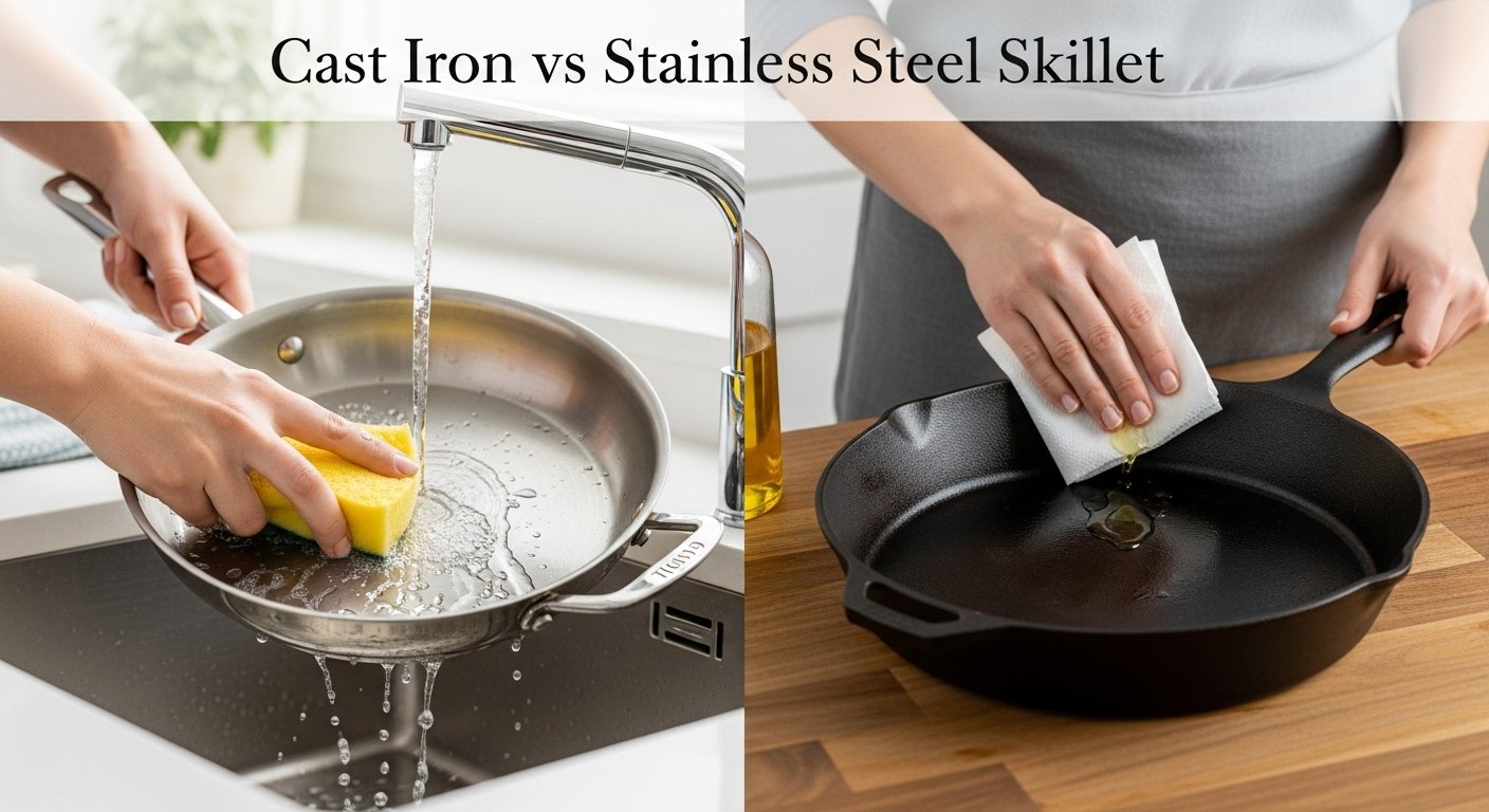 A person cleaning a stainless steel skillet with soap and a sponge, next to a well-seasoned cast iron skillet being wiped with oil, highlighting the 'Cast Iron vs Stainless Steel Skillet' maintenance differences.