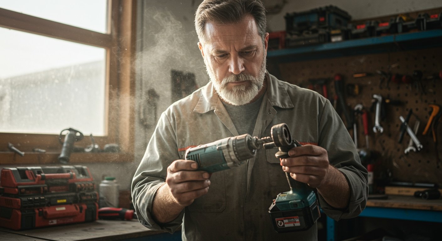 A person inspecting a worn power tool component, considering power tool maintenance and replacement.