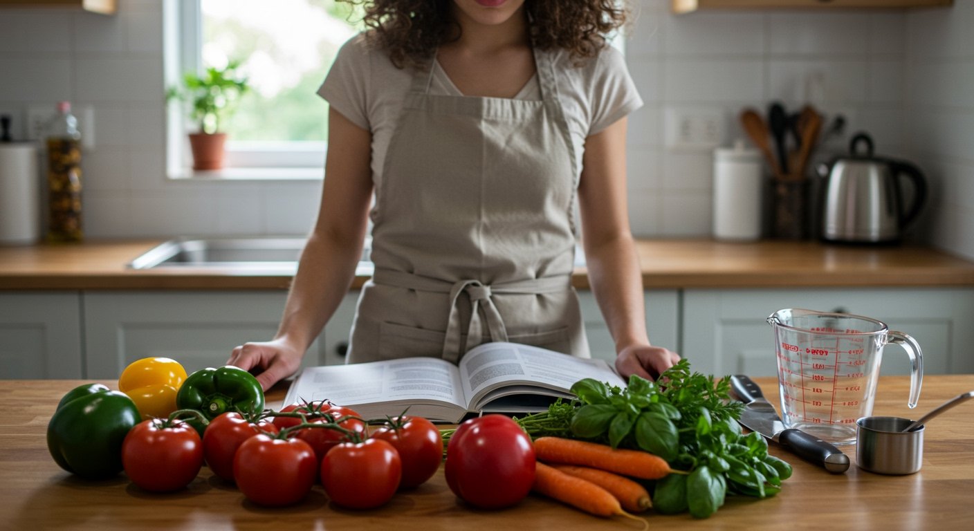 A person looking at an open cookbook on a kitchen counter with fresh vegetables and basic kitchen tools, ready to start learning how to cook from scratch.