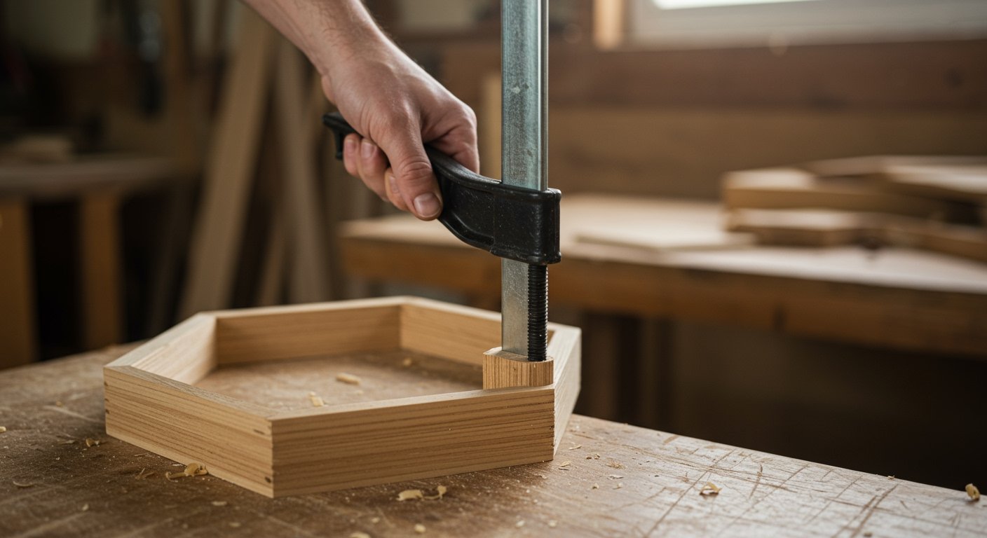 A photorealistic image of a band clamp tightening around a hexagonal wooden frame, illustrating its use for clamping irregular shapes, a specialized type of best woodworking clamps.