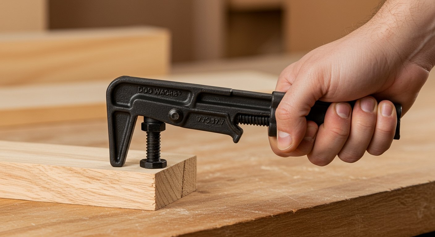 A photorealistic image of a quick-grip clamp being operated with one hand to hold a small piece of wood, emphasizing ease of use and speed, ideal for many light woodworking tasks among the best woodworking clamps.