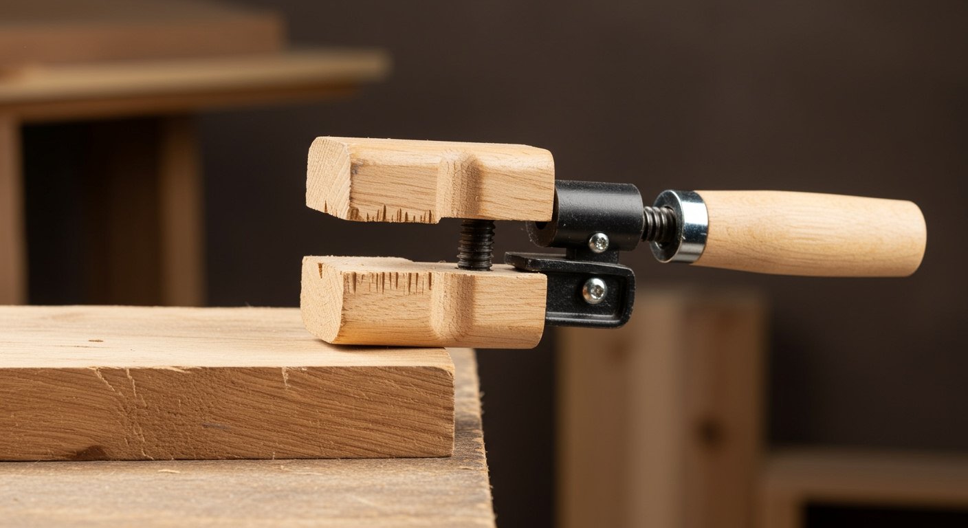 A photorealistic image of a wooden handscrew clamp holding an irregularly shaped wooden piece, showcasing its adjustable jaws and gentle but firm grip, a classic type of best woodworking clamps.