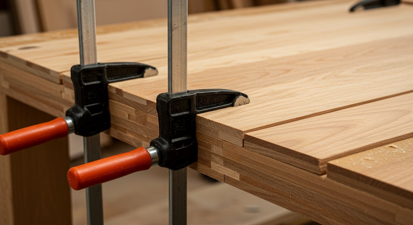 A photorealistic image of parallel jaw clamps holding together several glued wood panels, ensuring a flat surface, demonstrating ideal use of these best woodworking clamps for cabinet making.