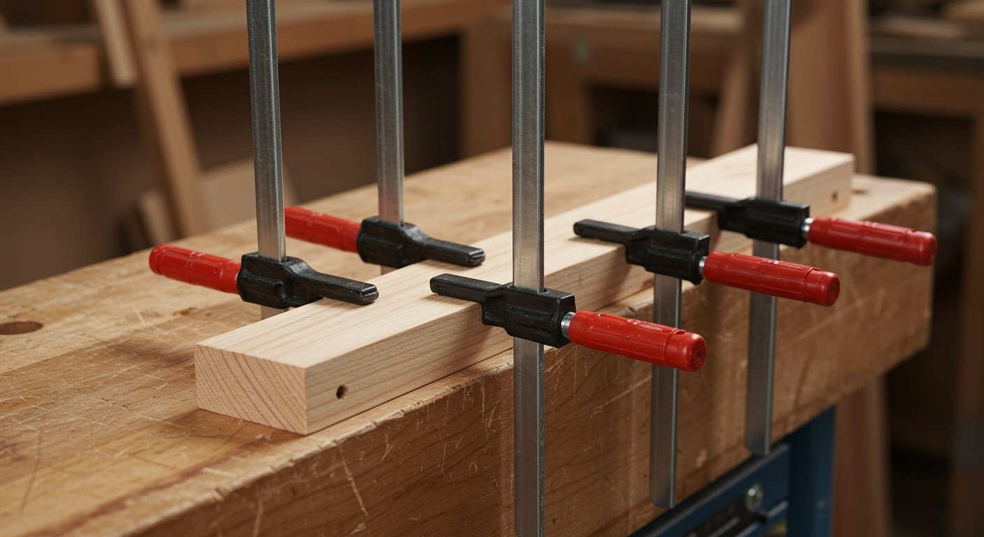 A photorealistic image of several F-clamps (bar clamps) securing two pieces of wood together on a workbench, demonstrating their use in a woodworking project, highlighting them as one of the best woodworking clamps.