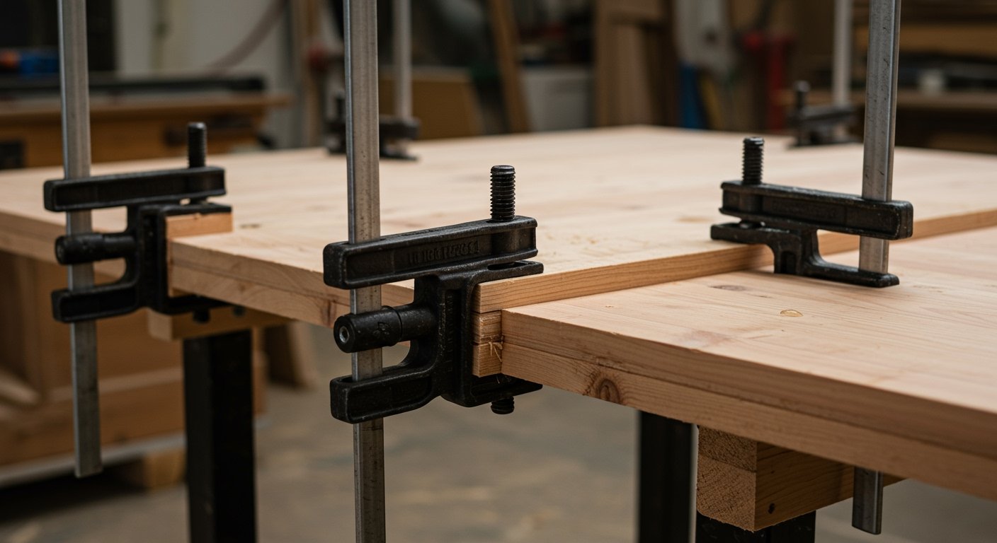 A photorealistic image of several pipe clamps holding together a large wooden tabletop during a glue-up, illustrating their long reach and strong clamping force as best woodworking clamps.