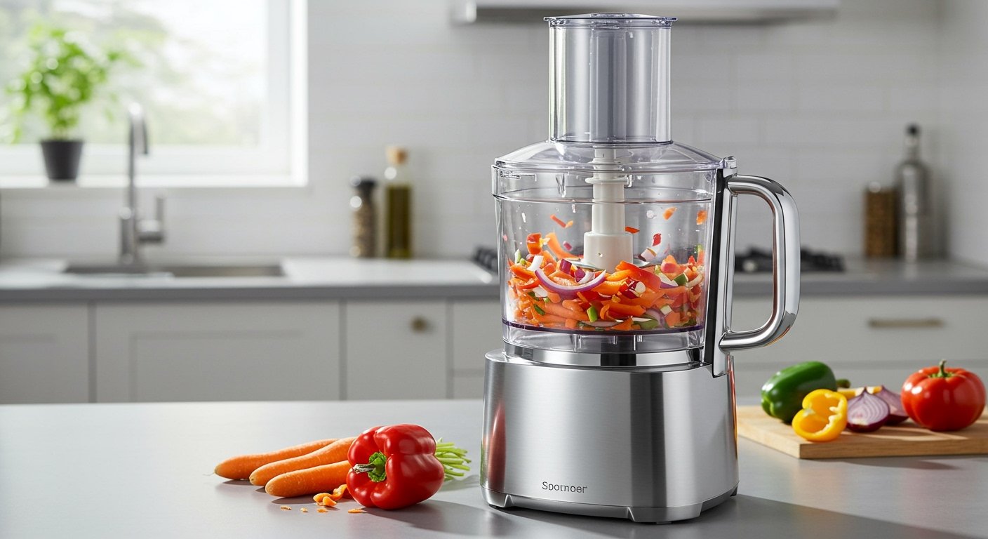 A powerful food processor, an essential among kitchen gadgets for aspiring chefs, finely chops vegetables in a clean, modern kitchen.