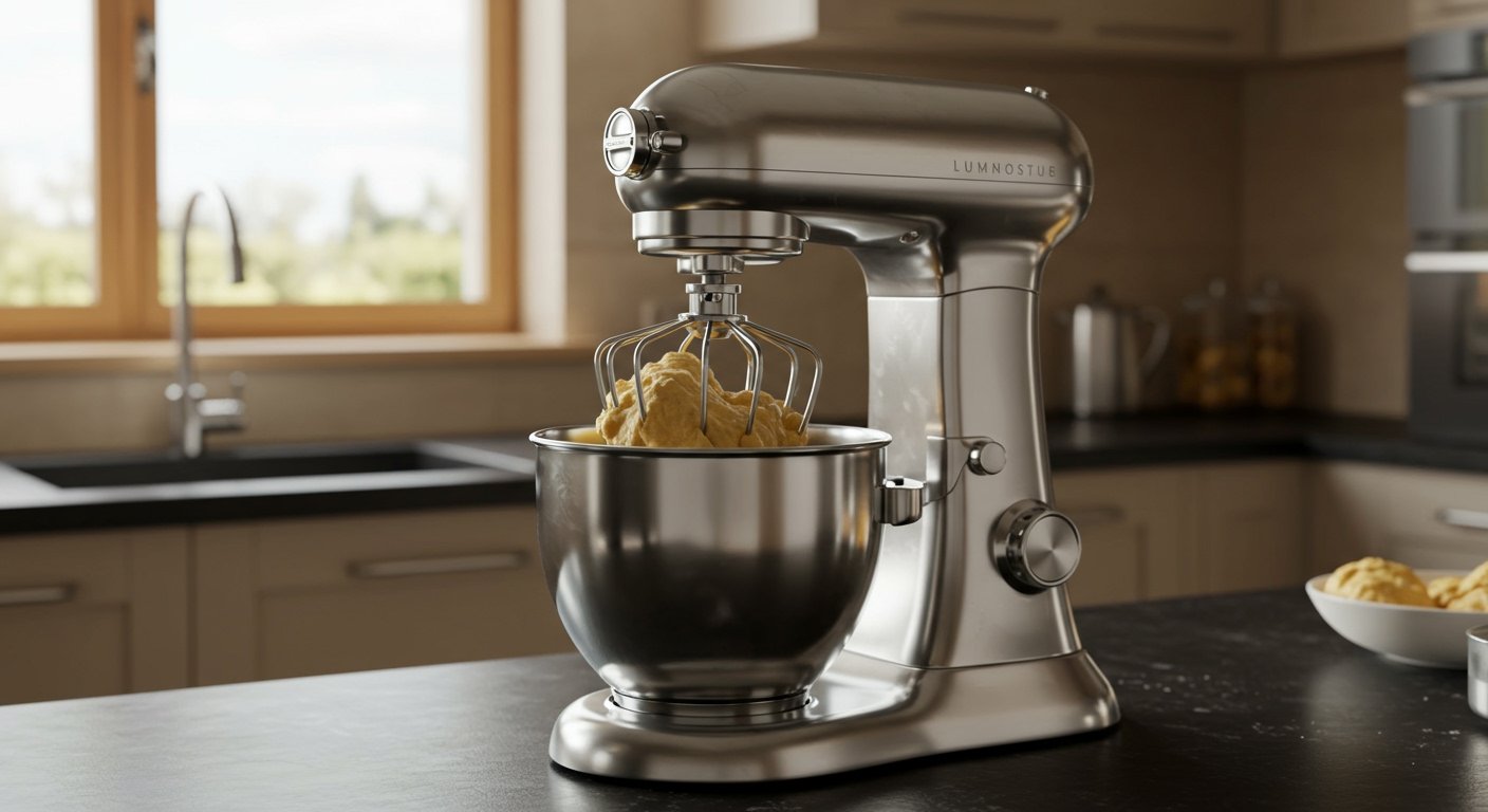 A powerful stand mixer kneading dough in a sleek, modern kitchen, showcasing one of the top kitchen gadgets for aspiring chefs.