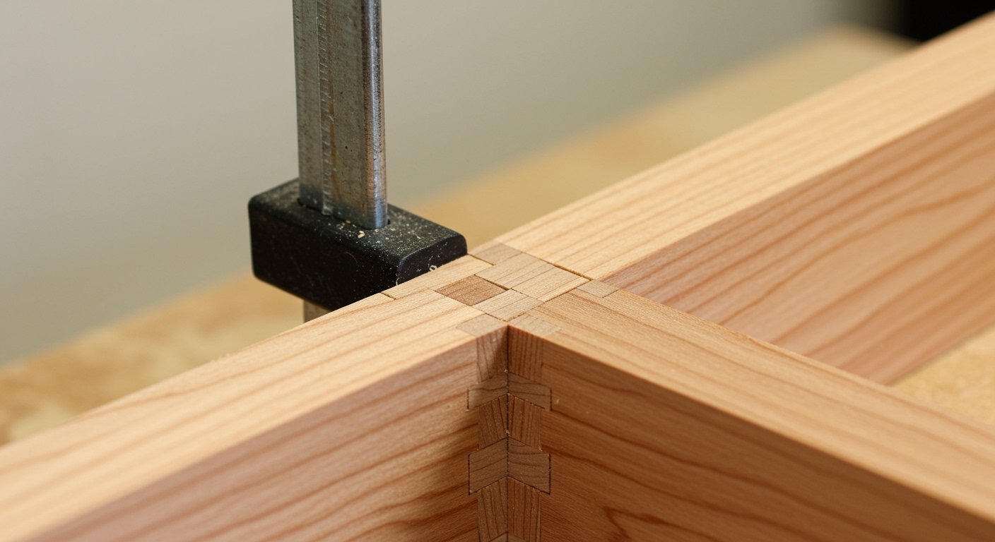 A precise corner clamp, considered one of the best woodworking clamps, holding two pieces of wood at a perfect 90-degree angle for accurate frame assembly.