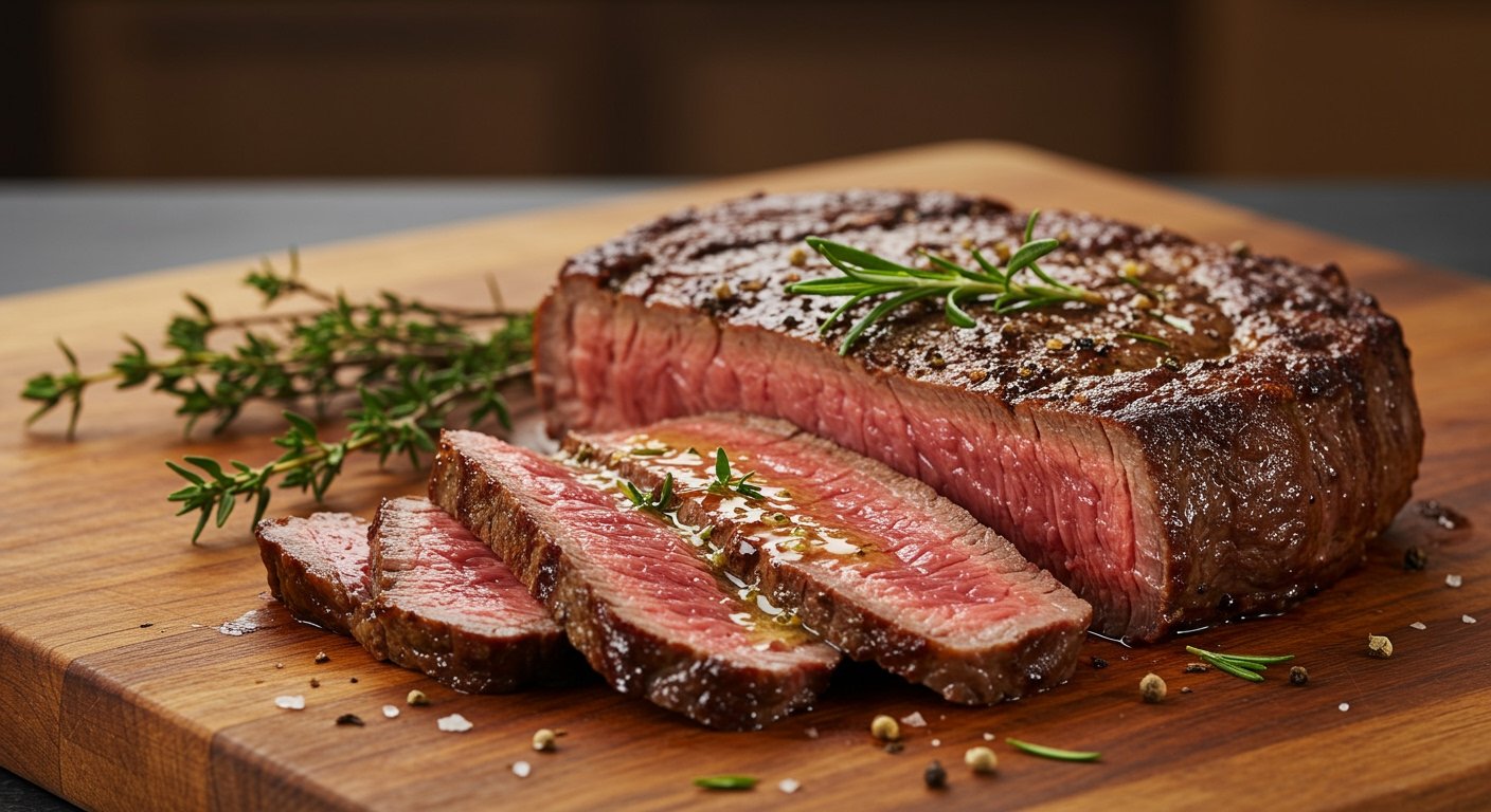 A rested, sliced steak on a cutting board, topped with melting finishing butter and fresh herbs, showcasing perfect steak at home.