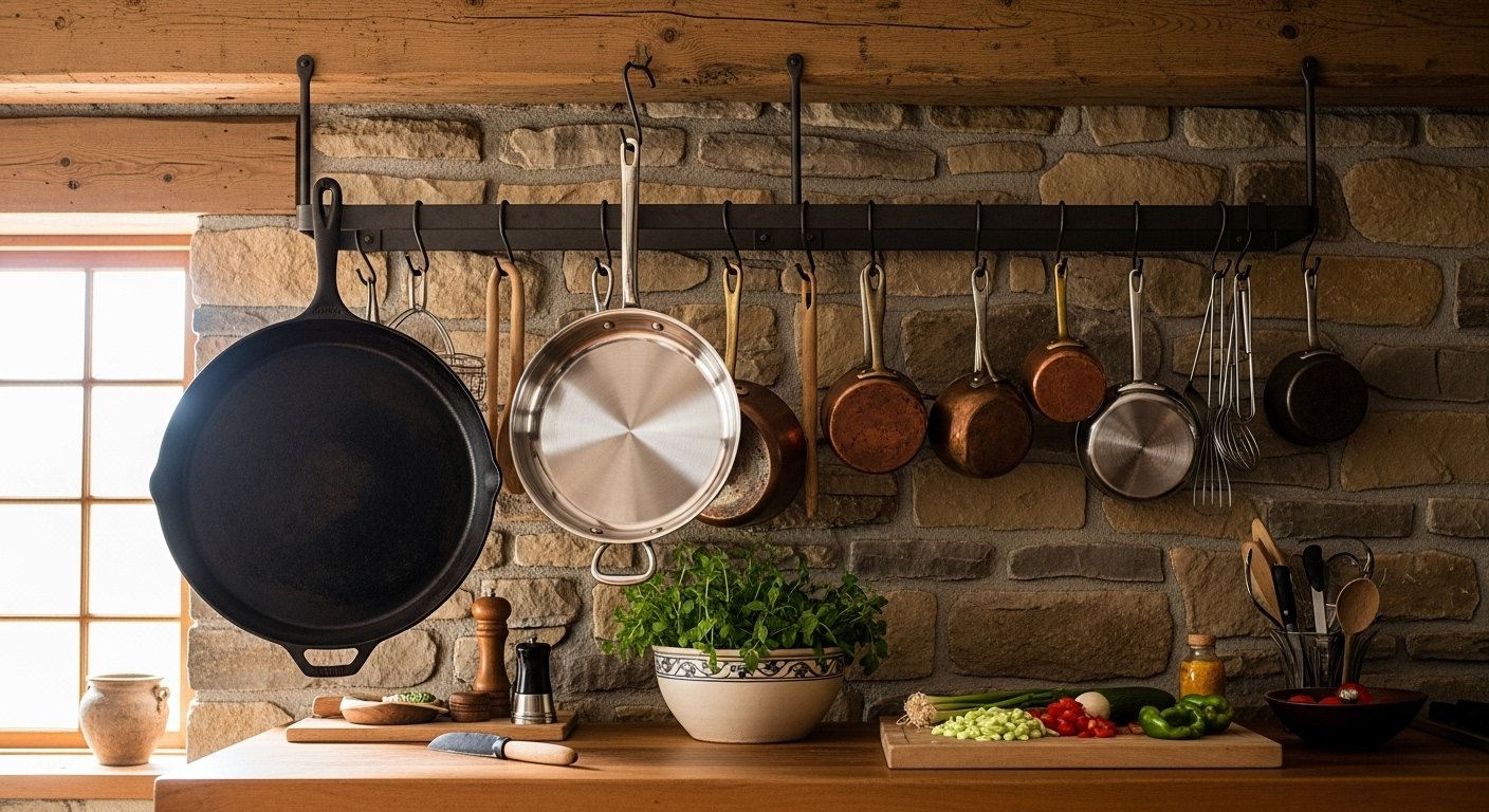 A rustic kitchen scene featuring a variety of cookware, including a large cast iron skillet and a modern stainless steel pan hanging on a rack, illustrating the diverse options for 'Cast Iron vs Stainless Steel Skillet' users.
