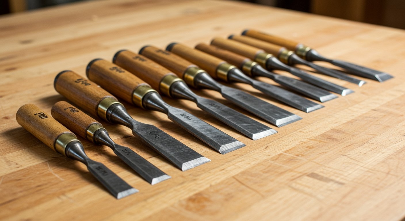 A set of sharp, well-maintained bevel-edge woodworking chisels of various sizes laid out on a workbench, ready for use, illustrating crucial woodworking hand tools for beginners.