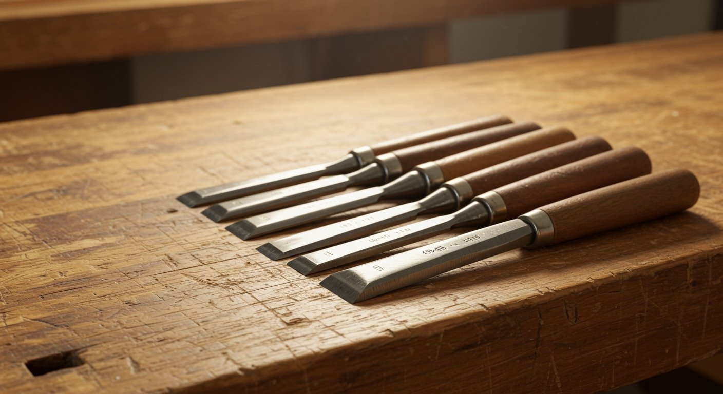 A set of well-maintained woodworking chisels of various sizes lined up on a wooden workbench.