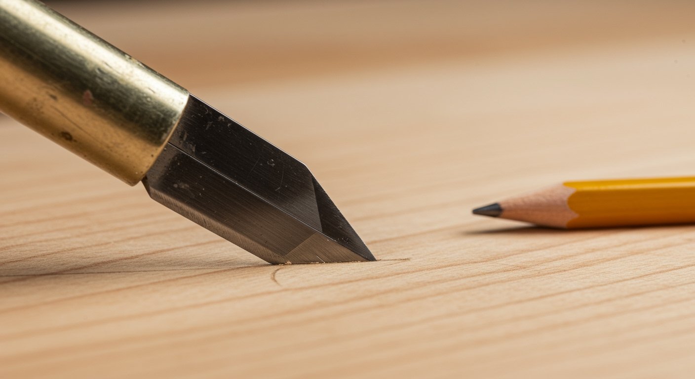 A sharp marking knife creating a fine line on a piece of wood, alongside a carpenter's pencil, demonstrating precision in woodworking hand tools for beginners.