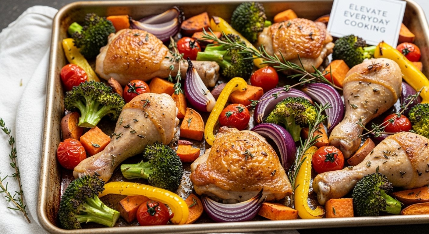 A sheet pan filled with beautifully roasted colorful vegetables and chicken, showcasing the magic of roasting to Elevate Everyday Cooking.