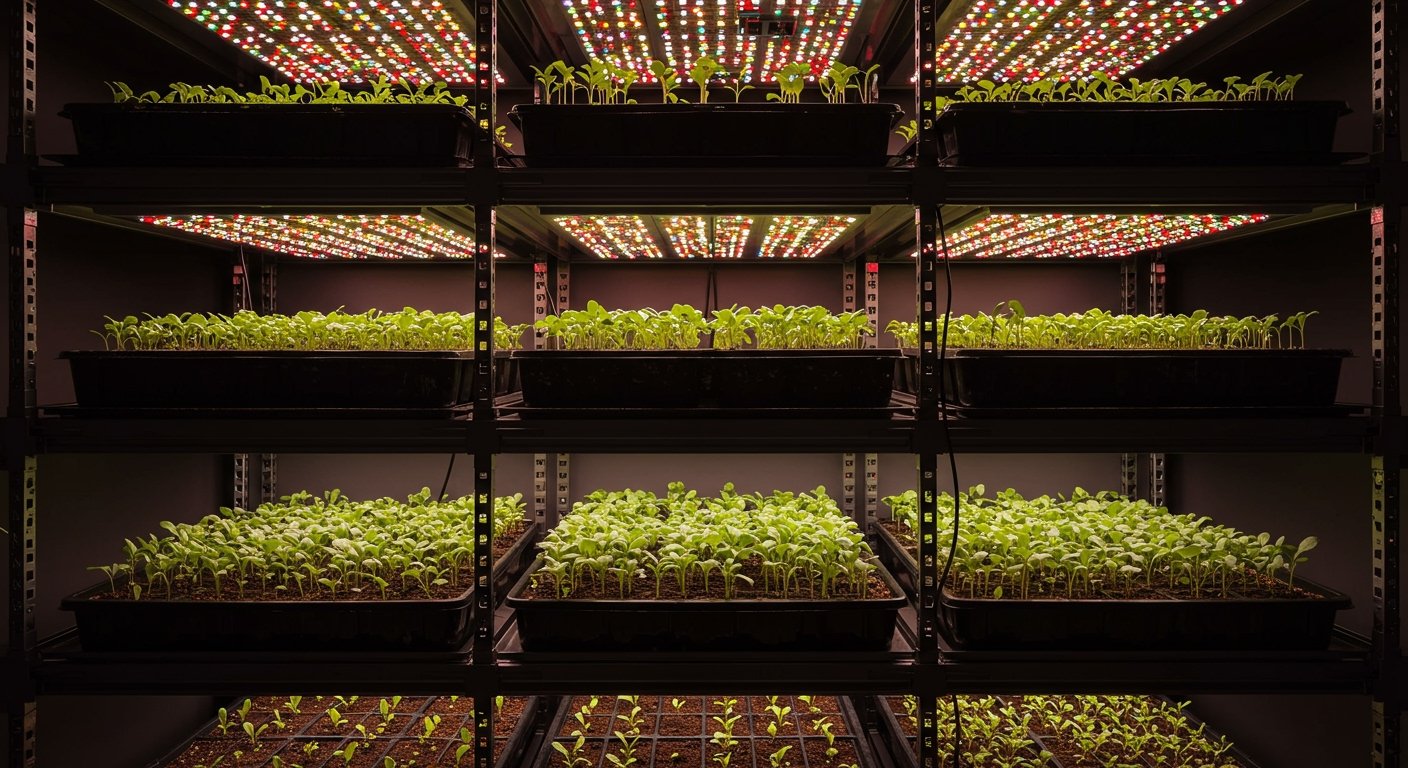 A shelf unit with multiple tiers, each holding seed starting trays under bright LED grow lights, with small green seedlings emerging, realistic photo showing proper light placement.