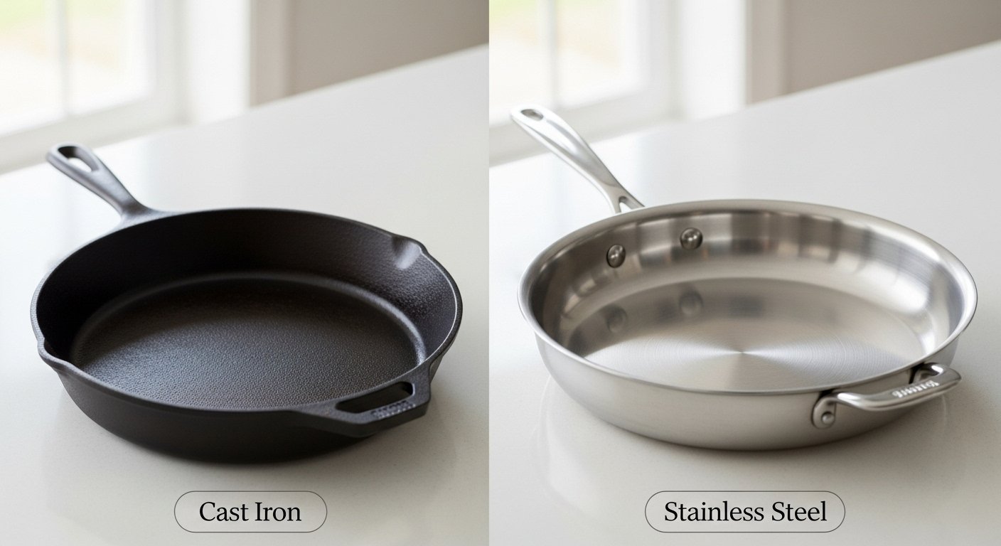 A side-by-side comparison of a seasoned cast iron skillet and a gleaming stainless steel skillet on a kitchen countertop, ready for cooking, illustrating the 'Cast Iron vs Stainless Steel Skillet' comparison.