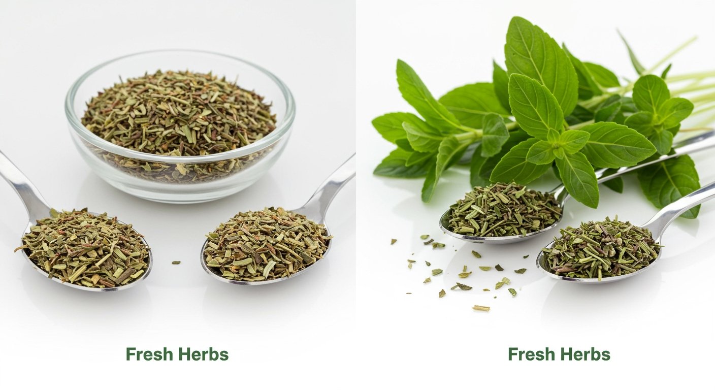A side-by-side comparison of a teaspoon of dried herbs next to three teaspoons of fresh herbs, clearly showing the Fresh vs dried herbs conversion ratio.
