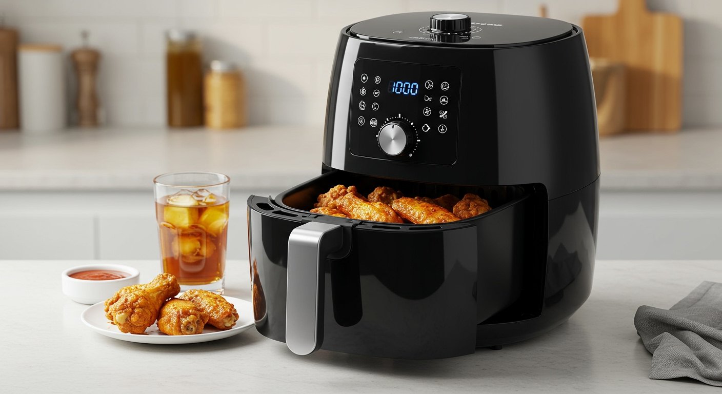 A sleek air fryer preparing crispy chicken wings, an essential among kitchen gadgets for aspiring chefs looking for healthy and convenient cooking solutions.