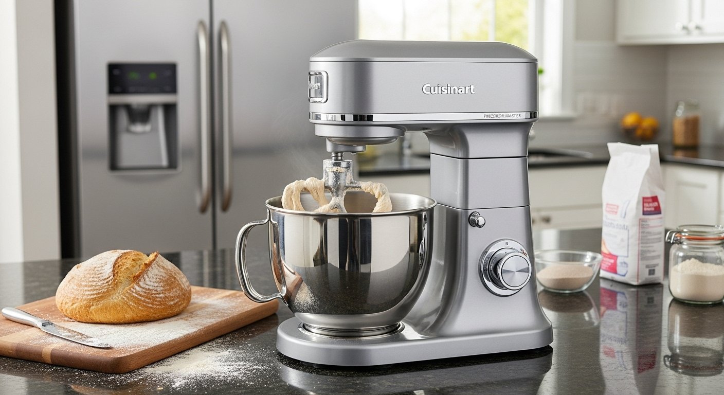 A sleek silver Cuisinart Precision Master 5.5-Quart Stand Mixer with dough hook attachment actively kneading bread dough in a modern kitchen setting, highlighting one of the best stand mixers for home bakers. Photorealistic.
