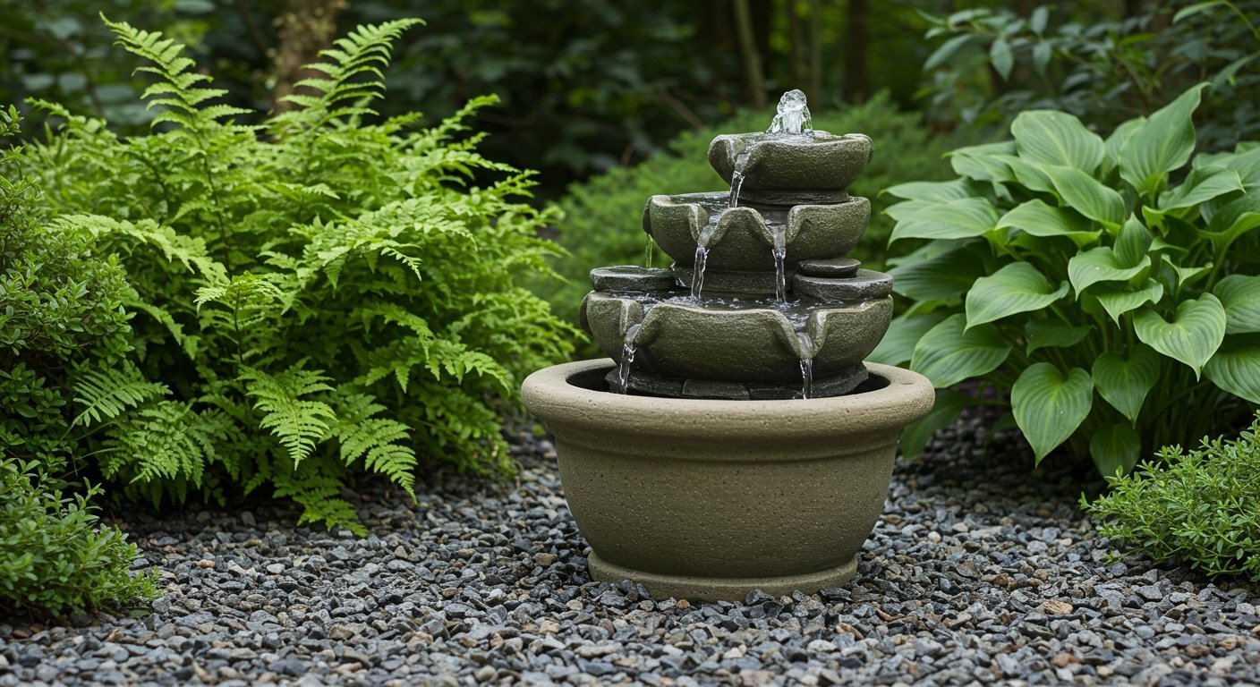A small, elegant tabletop water fountain gently flowing in a serene garden setting, surrounded by pebbles and lush plants, creating a tranquil sound, photorealistic.