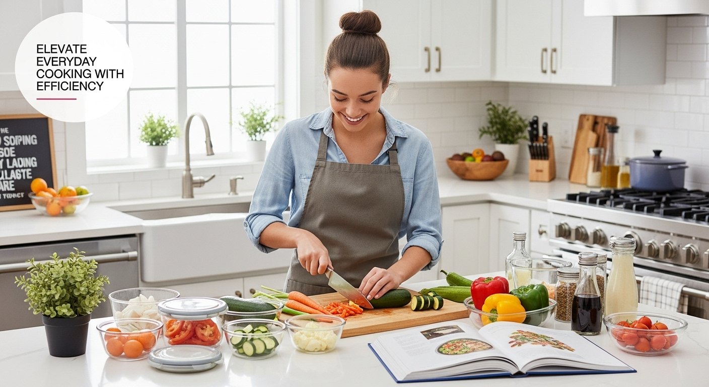 A student in a well-organized, bright kitchen, happily chopping vegetables for meal prep, symbolizing how to Elevate Everyday Cooking with efficiency.