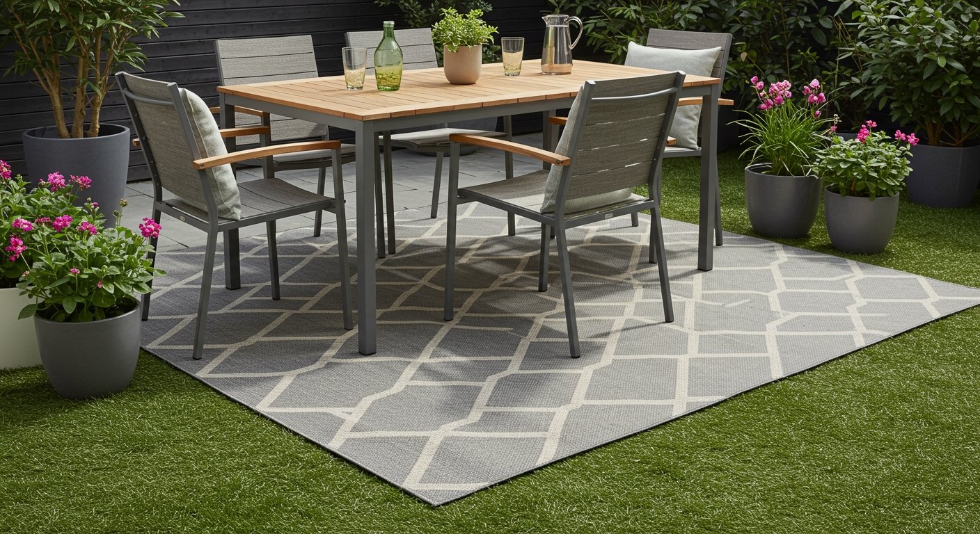 A stylish outdoor rug placed under a patio dining set, clearly defining the dining zone in a modern backyard decor setting, surrounded by potted plants, photorealistic.