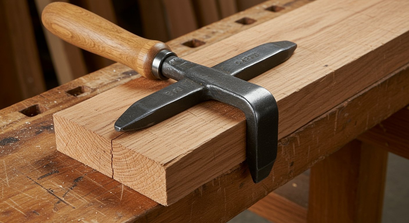 A traditional holdfast securely clamps a wooden board flat onto a workbench, showcasing why it's considered among the best woodworking clamps for stability.