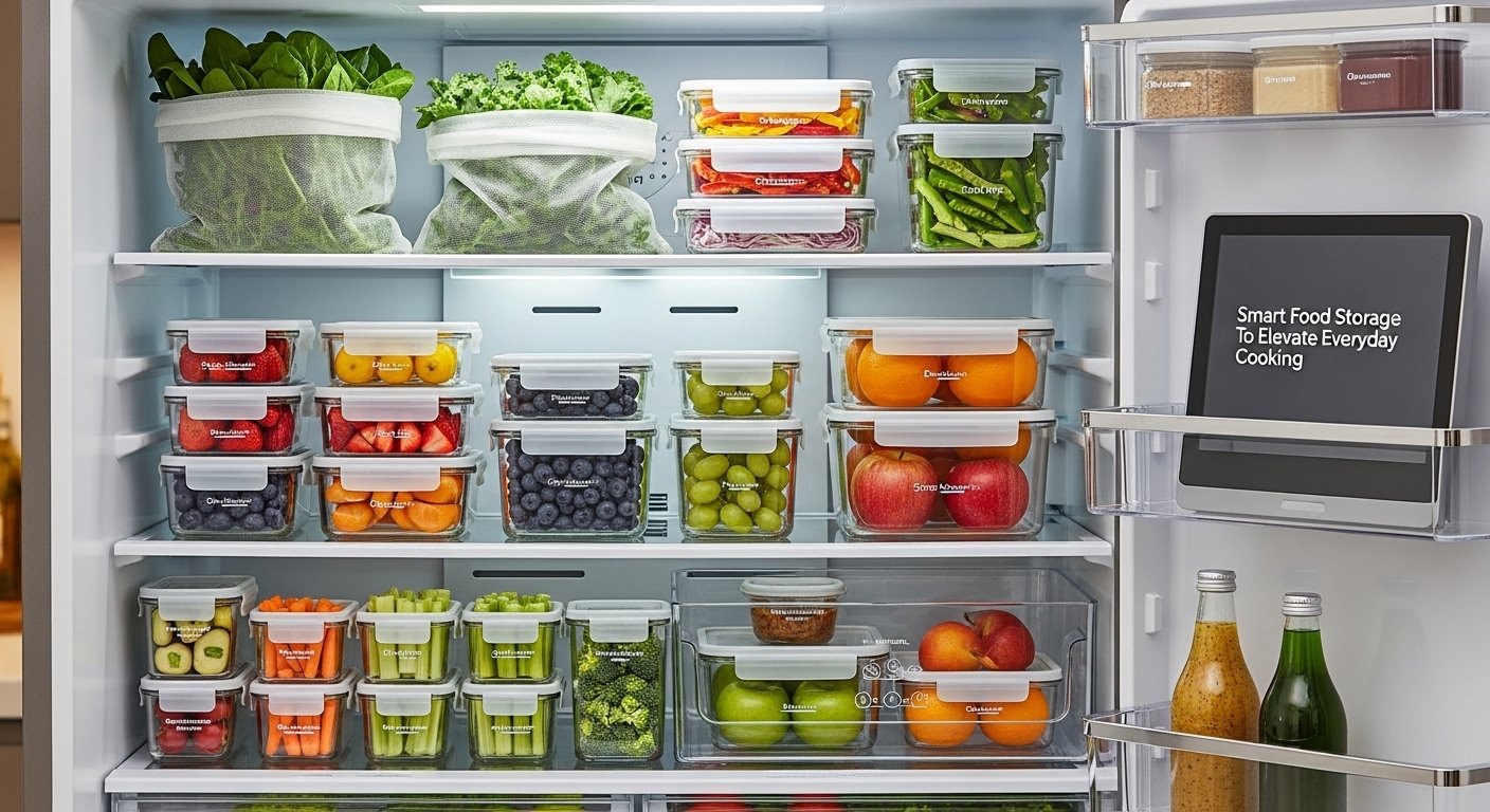 A variety of fresh produce neatly organized in reusable containers in a refrigerator, demonstrating Smart Food Storage to Elevate Everyday Cooking.