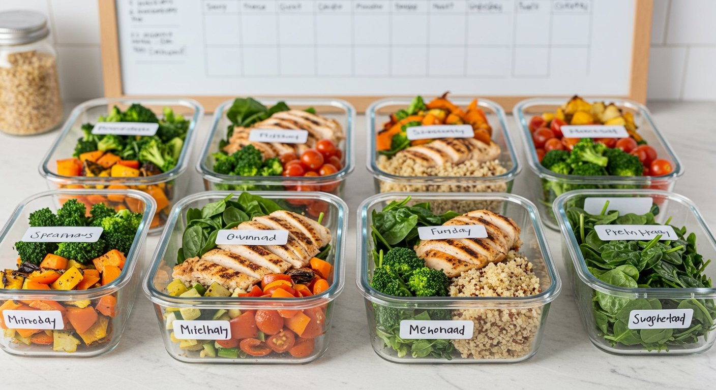 A vibrant and appealing spread of healthy meal prep dishes arranged for a week, showcasing the benefits of meal prepping for beginners.